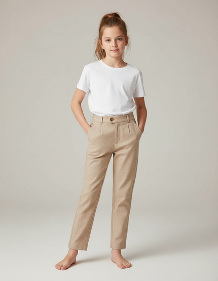 Pantalon Chino Beige Plissé Droit Élégant Fille - Laine
