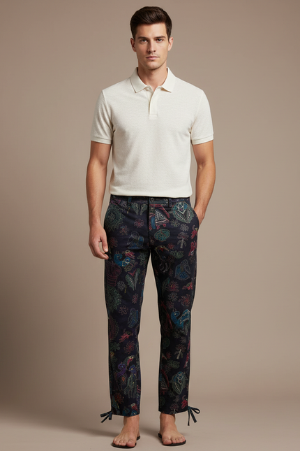 Pantalon Chino Noir Imprimé Ethnique Ample Décontracté - Coton
