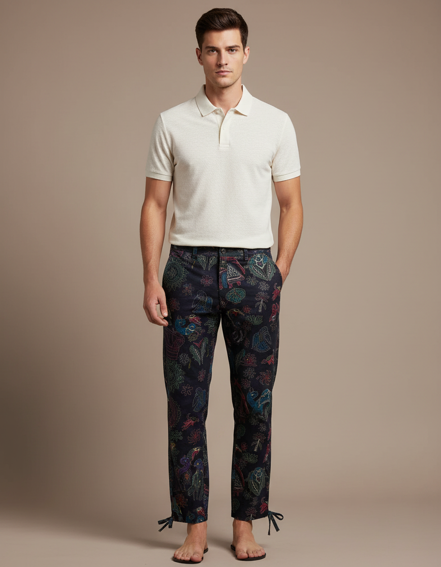 Pantalon Chino Noir Imprimé Ethnique Ample Décontracté - Coton