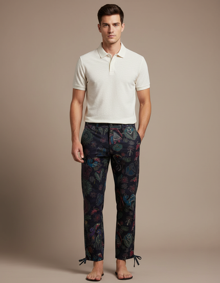 Pantalon Chino Noir Imprimé Ethnique Ample Décontracté - Coton