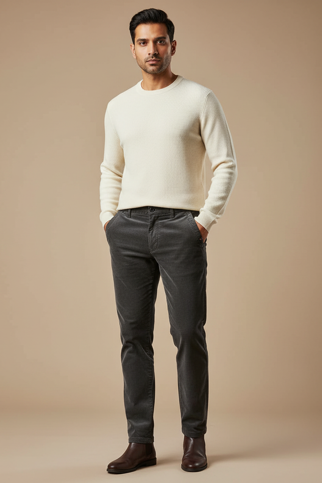 Pantalon Chino Gris Côtelé Slim Décontracté Homme - Cordé