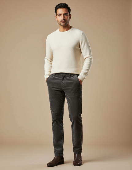 Pantalon Chino Gris Côtelé Slim Décontracté Homme - Cordé