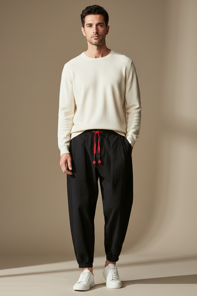 Pantalon Chino Noir Ample Lin Coton Décontracté