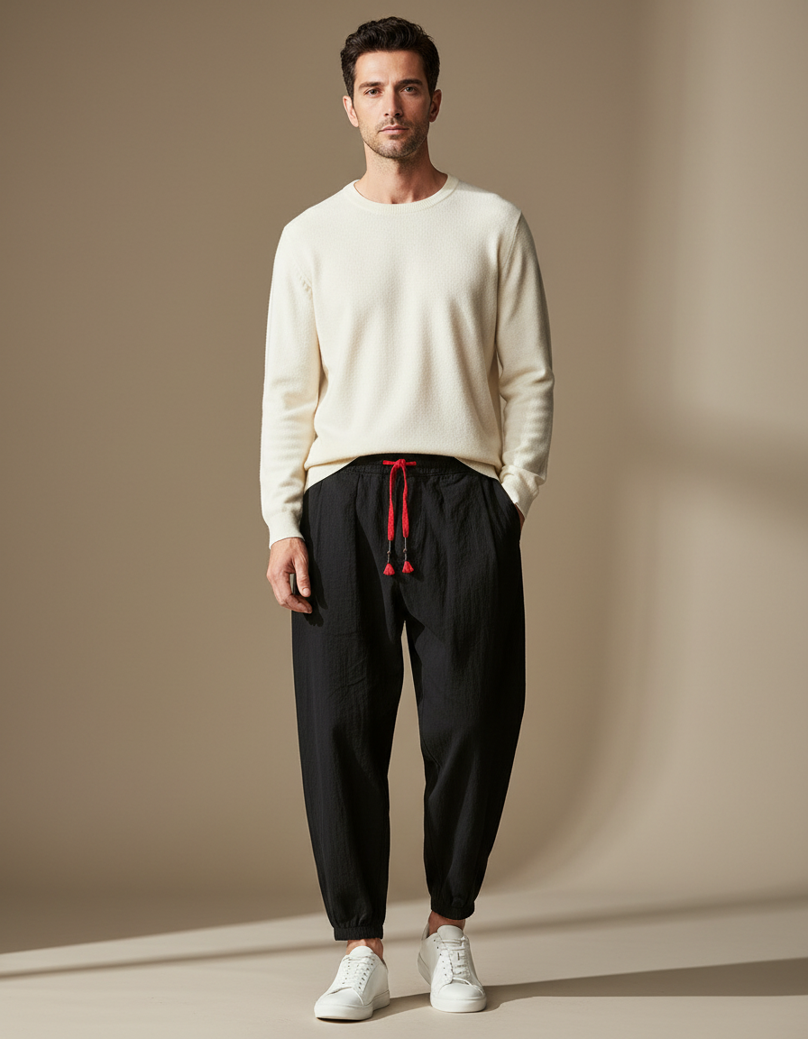 Pantalon Chino Noir Ample Lin Coton Décontracté