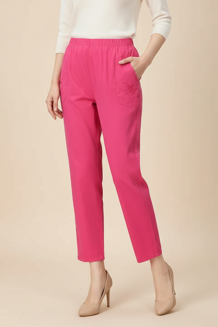 Pantalon Chino Rose Brodé Coton Harem Élastique