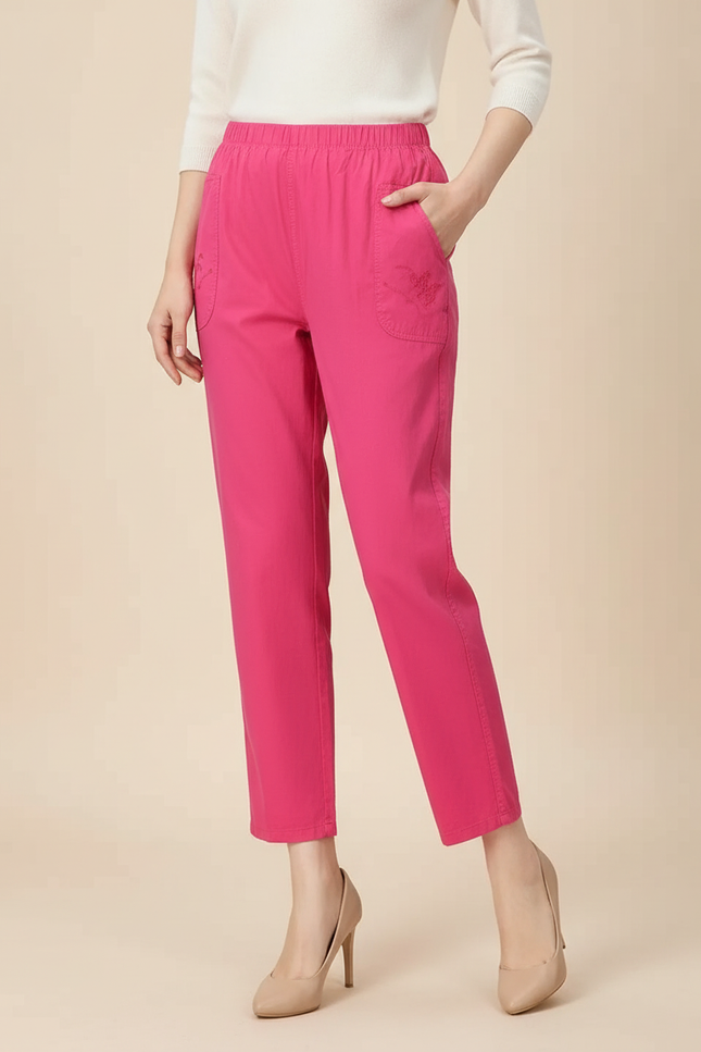 Pantalon Chino Rose Brodé Coton Harem Élastique