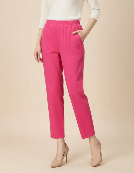 Pantalon Chino Rose Brodé Coton Harem Élastique