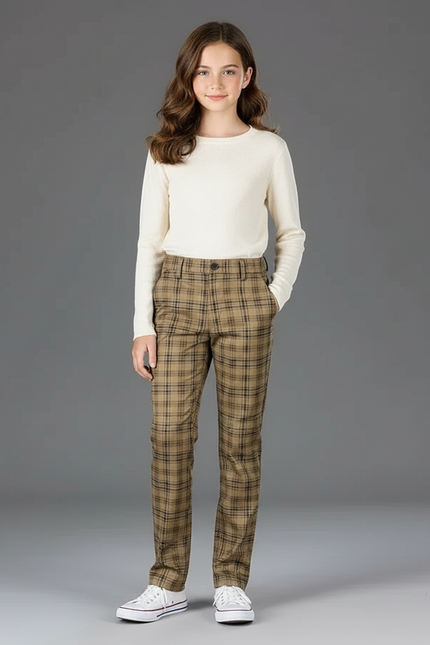 Pantalon Chino Carreaux Marron Coupe Droite Décontracté - Gabardine