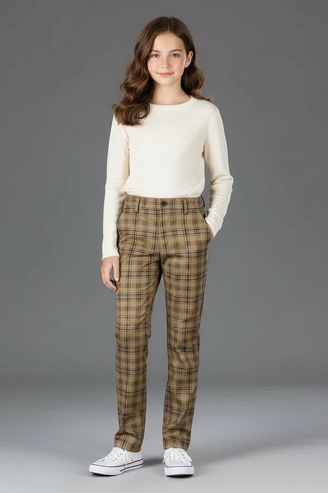 Pantalon Chino Carreaux Marron Coupe Droite Décontracté - Gabardine