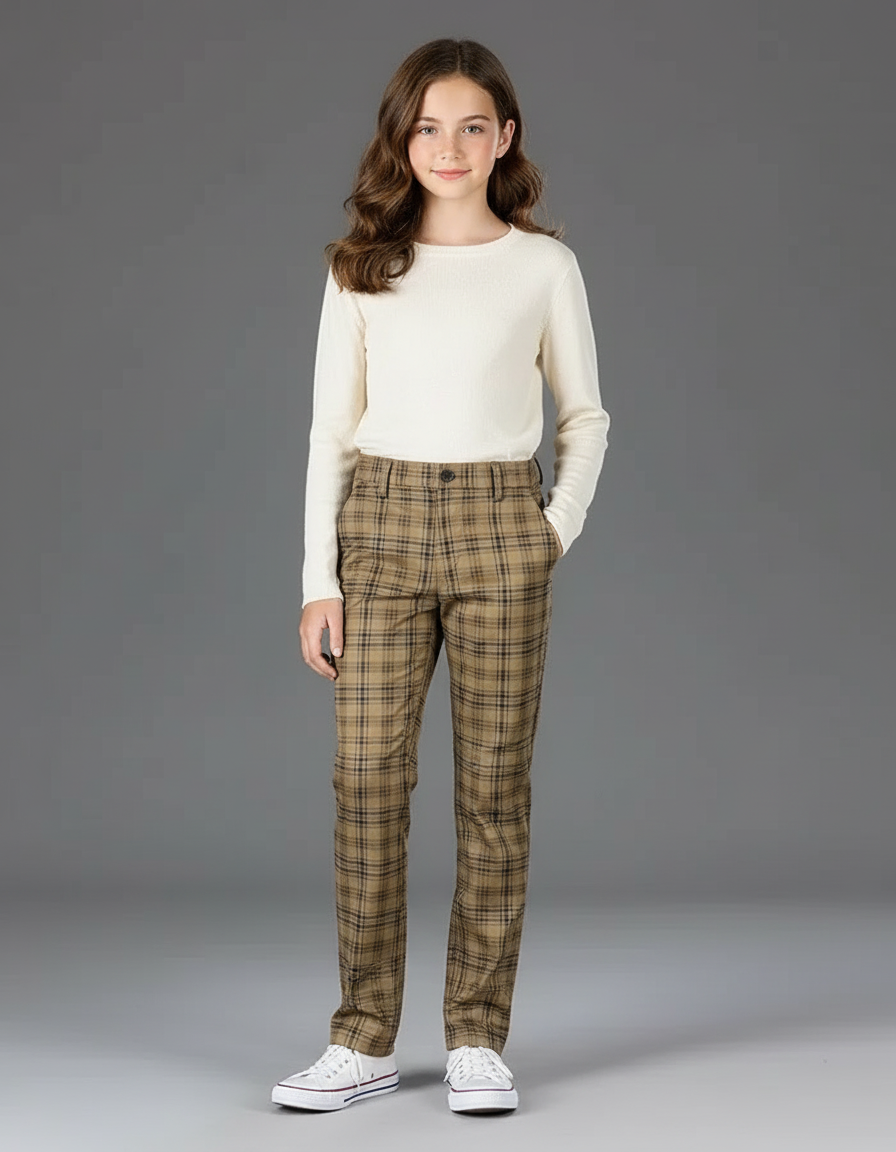 Pantalon Chino Carreaux Marron Coupe Droite Décontracté - Gabardine