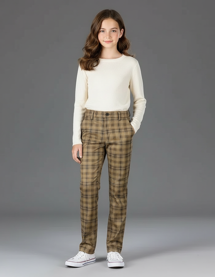 Pantalon Chino Carreaux Marron Coupe Droite Décontracté - Gabardine