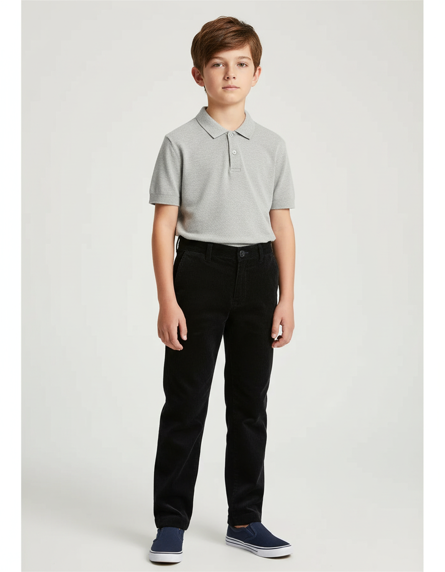 Pantalon Chino Noir Velours Côtelé Droit Garçon - Cordé