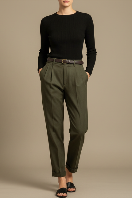 Pantalon Chino Vert Olive Plissé Coton Femme - Laine
