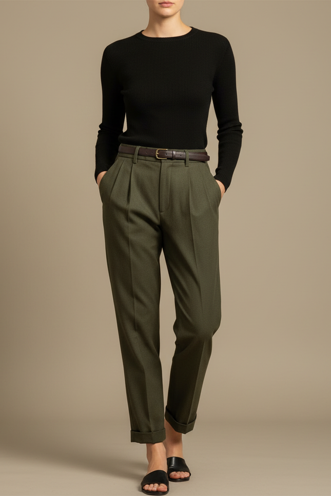 Pantalon Chino Vert Olive Plissé Coton Femme - Laine