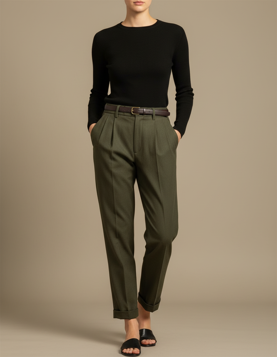 Pantalon Chino Vert Olive Plissé Coton Femme - Laine