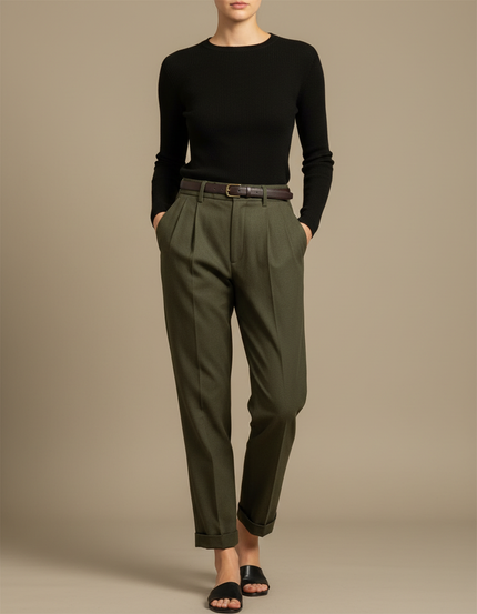 Pantalon Chino Vert Olive Plissé Coton Femme - Laine