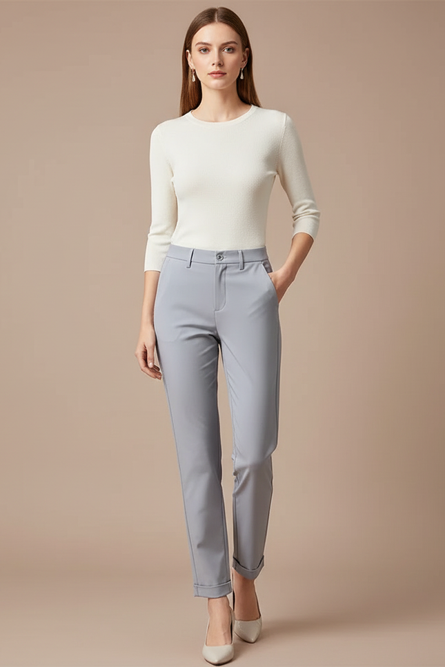Pantalon Chino Gris Clair Coupe Droite Élégant Femme - Gabardine