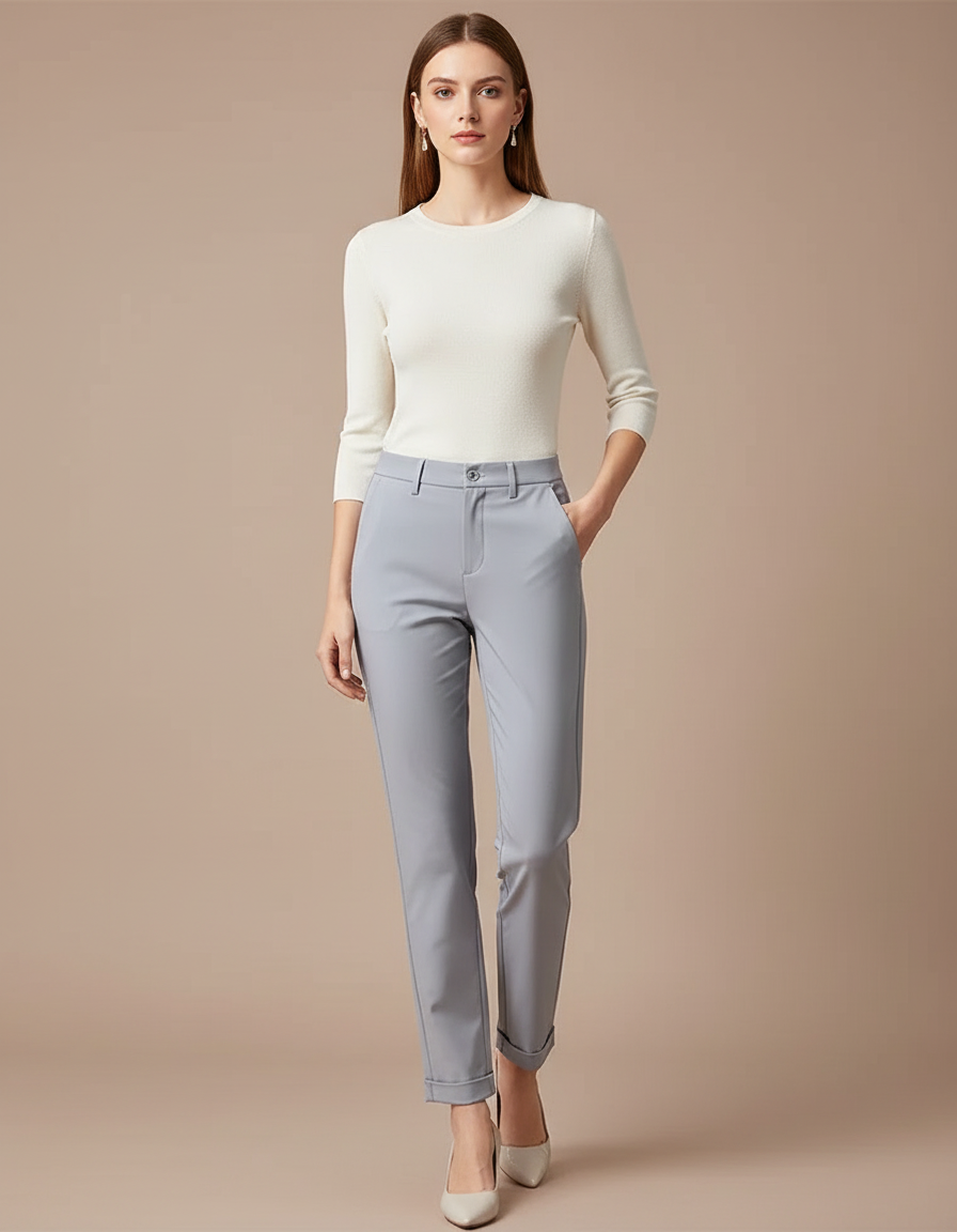 Pantalon Chino Gris Clair Coupe Droite Élégant Femme - Gabardine