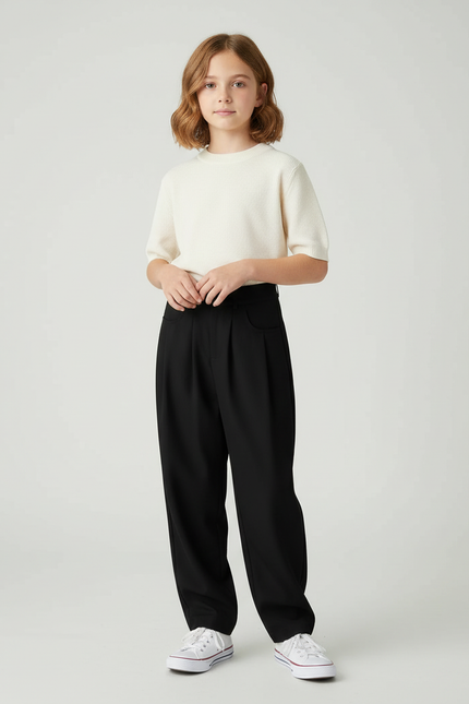 Pantalon Chino Noir Ample Plissé Décontracté Femme - Gabardine