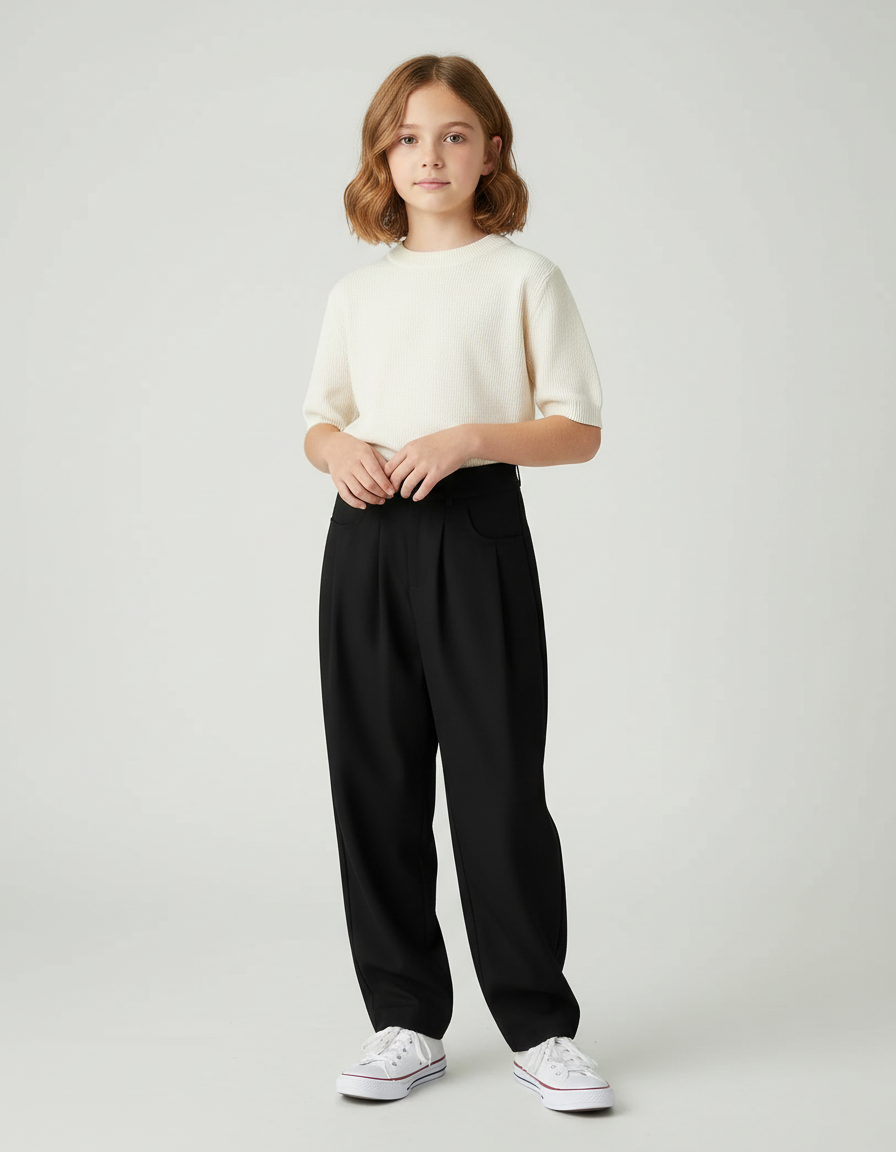 Pantalon Chino Noir Ample Plissé Décontracté Femme - Gabardine