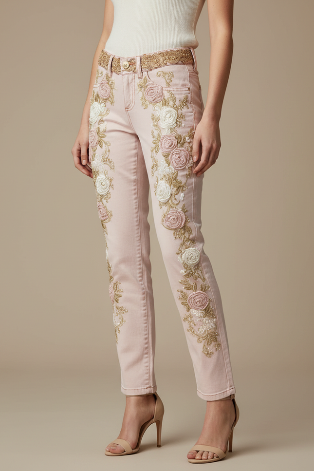 Pantalon Chino Rose Brodé Floral Slim Élégant - Gabardine