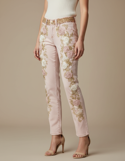 Pantalon Chino Rose Brodé Floral Slim Élégant - Gabardine