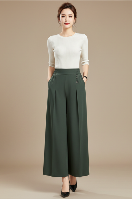 Pantalon Chino Vert Ample Fluide Taille Haute Élégant - Polyester