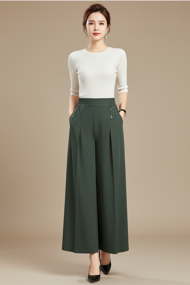 Pantalon Chino Vert Ample Fluide Taille Haute Élégant - Polyester