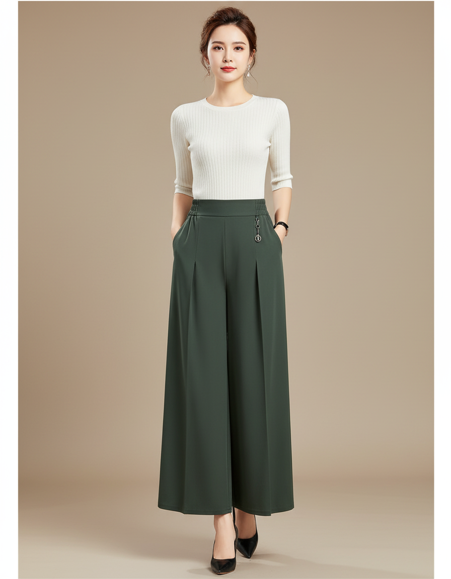 Pantalon Chino Vert Ample Fluide Taille Haute Élégant - Polyester