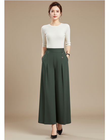 Pantalon Chino Vert Ample Fluide Taille Haute Élégant - Polyester