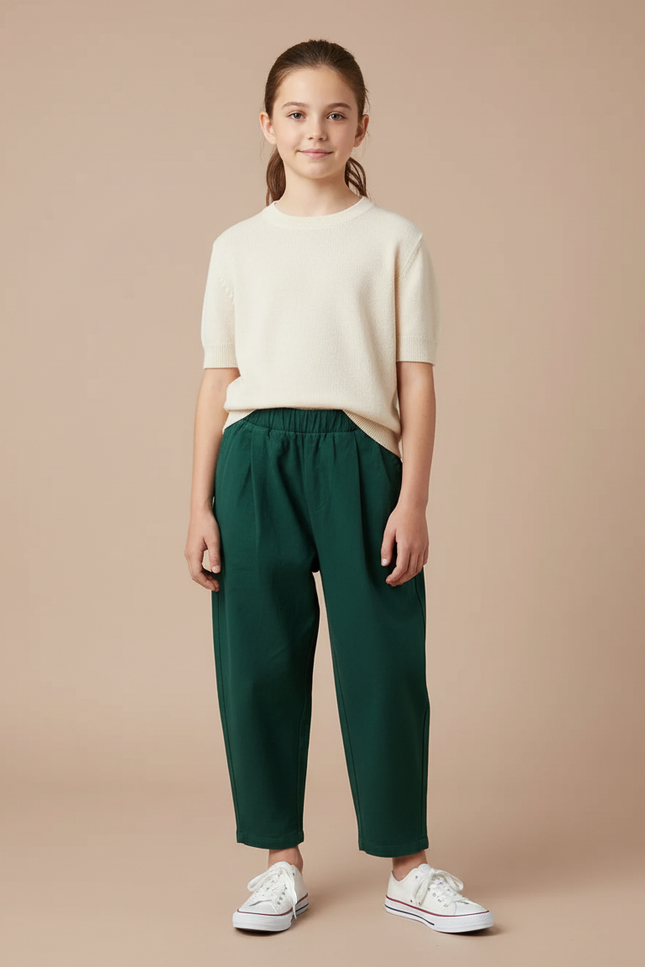 Pantalon Chino Vert Ample Coton Élastique Enfant