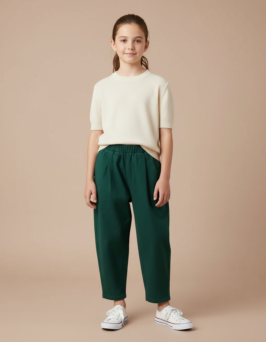 Pantalon Chino Vert Ample Coton Élastique Enfant