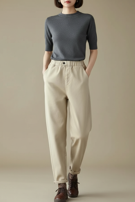 Pantalon Chino Femme Beige Coupe Ample Coton - Gabardine