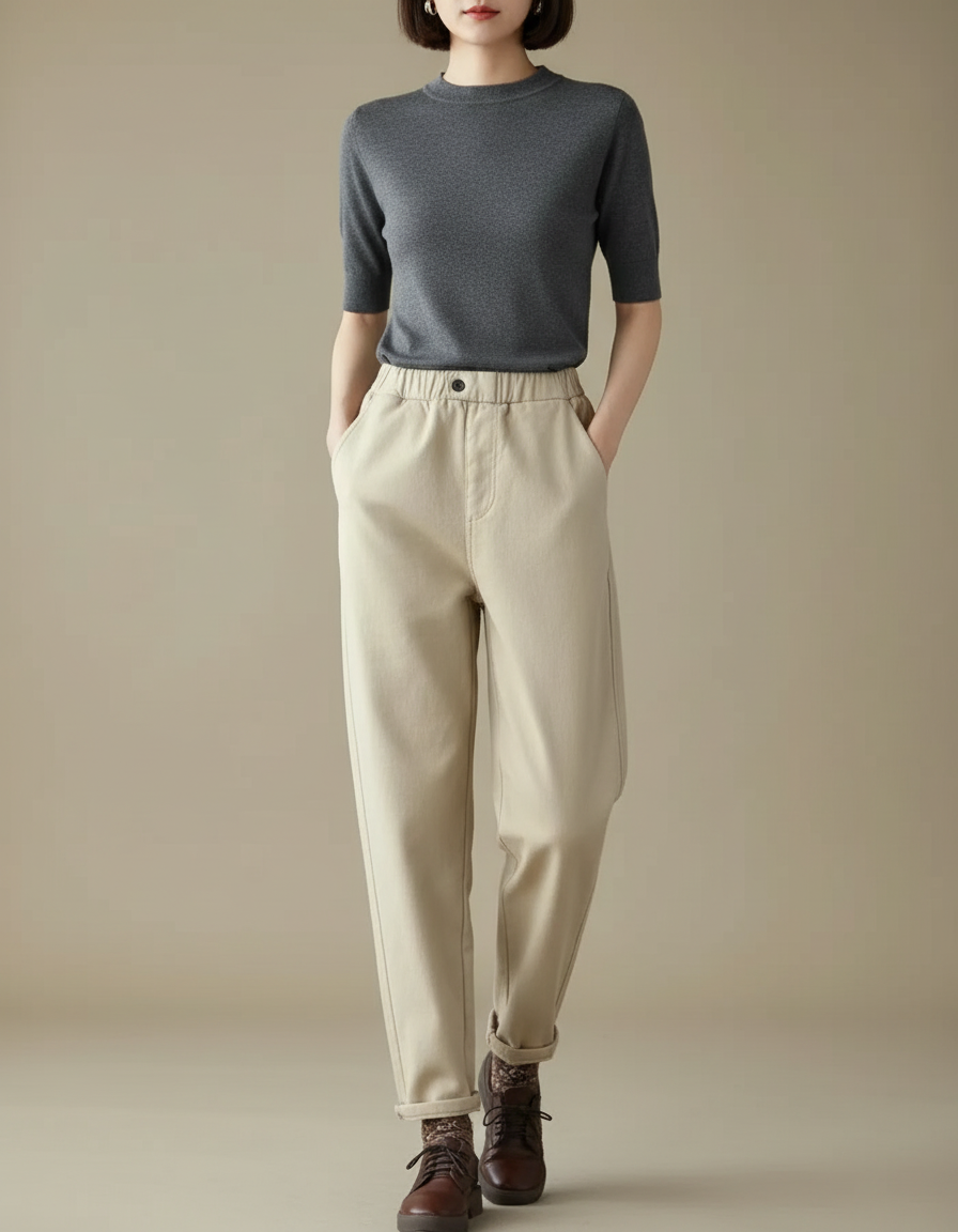 Pantalon Chino Femme Beige Coupe Ample Coton - Gabardine