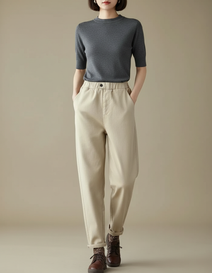Pantalon Chino Femme Beige Coupe Ample Coton - Gabardine