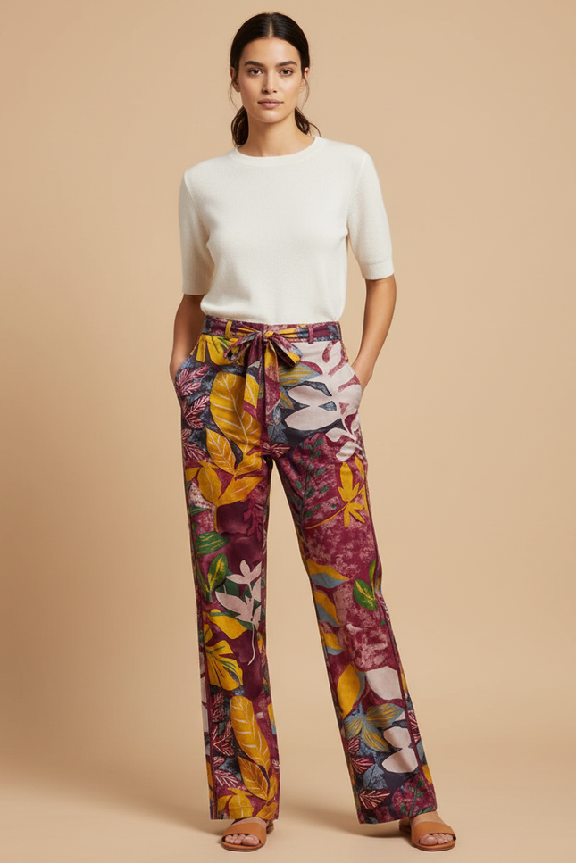 Pantalon Chino Imprimé Feuilles Colorées Taille Haute Fluide - Multicolore Viscose