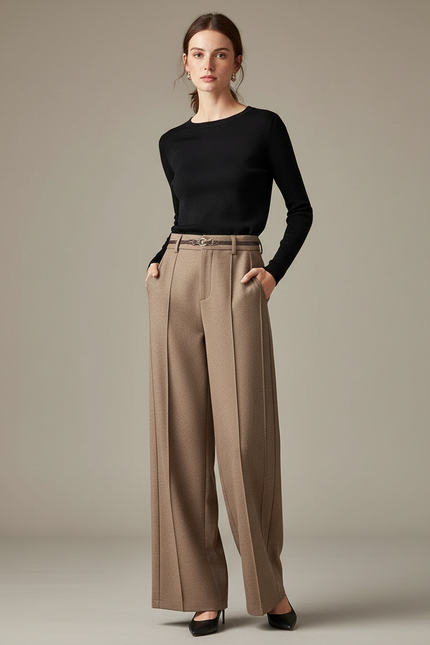 Pantalon Chino Beige Ample Plissé Chic Femme - Tweed