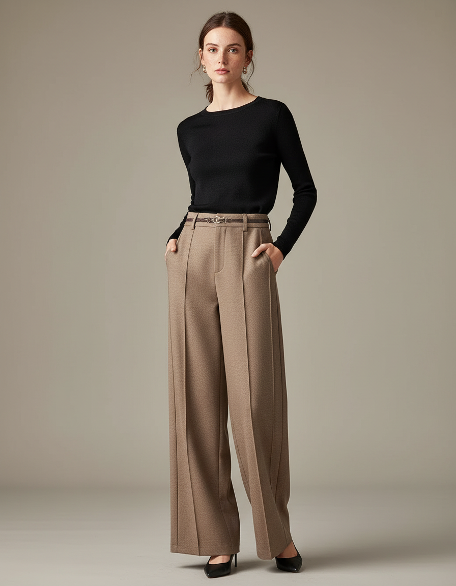 Pantalon Chino Beige Ample Plissé Chic Femme - Tweed