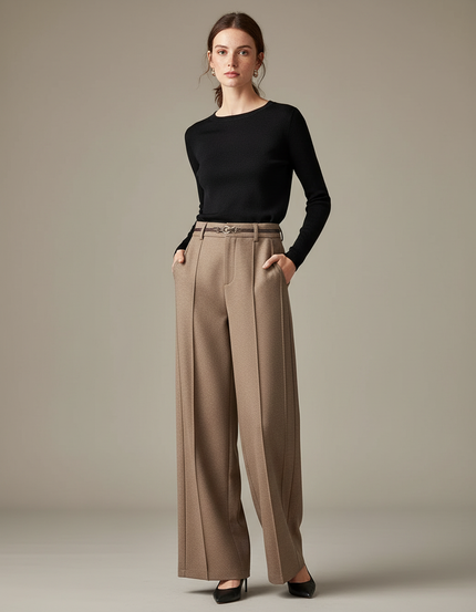 Pantalon Chino Beige Ample Plissé Chic Femme - Tweed