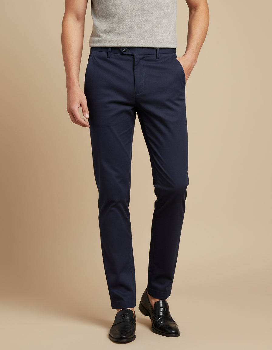 Pantalon Chino Homme Bleu Marine Ajusté Coton Élégant