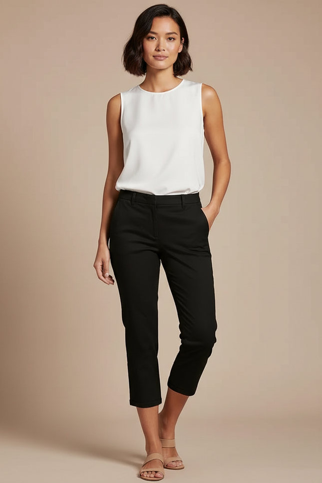 Pantalon Chino Noir Court Décontracté Femme Élégant - Coton