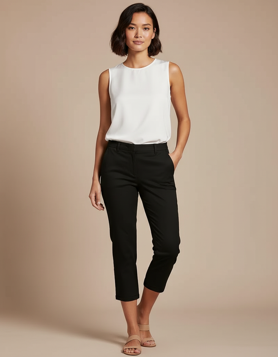 Pantalon Chino Noir Court Décontracté Femme Élégant - Coton
