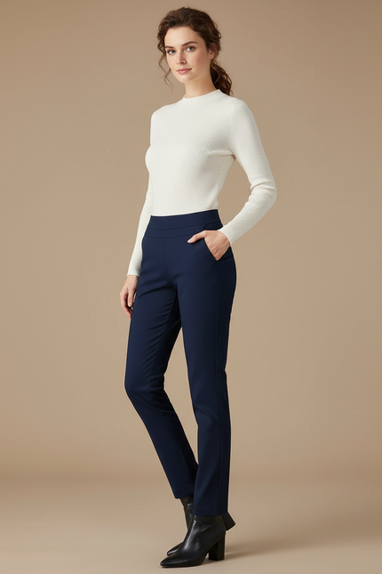 Pantalon Chino Bleu Marine Élastique Coupe Droite Élégant Femme - Gabardine