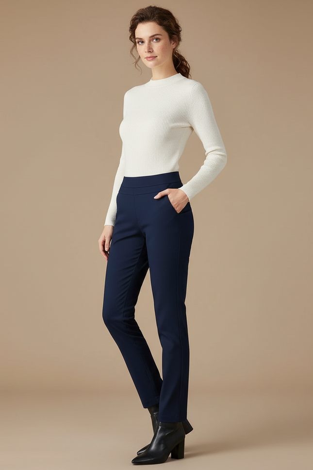 Pantalon Chino Bleu Marine Élastique Coupe Droite Élégant Femme - Gabardine