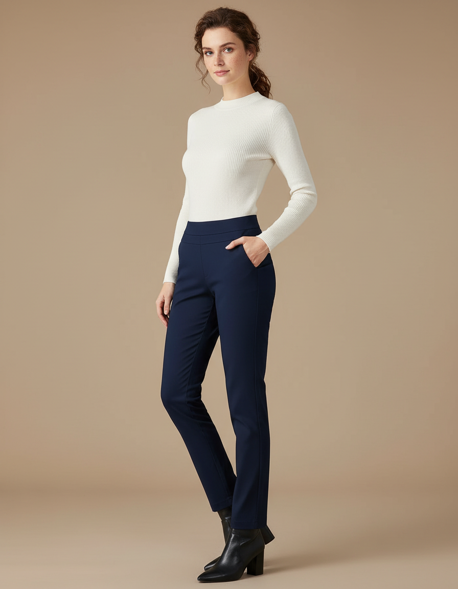 Pantalon Chino Bleu Marine Élastique Coupe Droite Élégant Femme - Gabardine