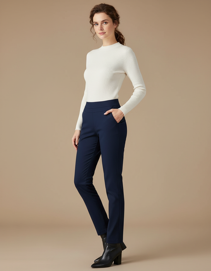 Pantalon Chino Bleu Marine Élastique Coupe Droite Élégant Femme - Gabardine