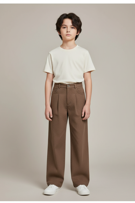 Pantalon Chino Marron Ample Plissé Enfant - Gabardine