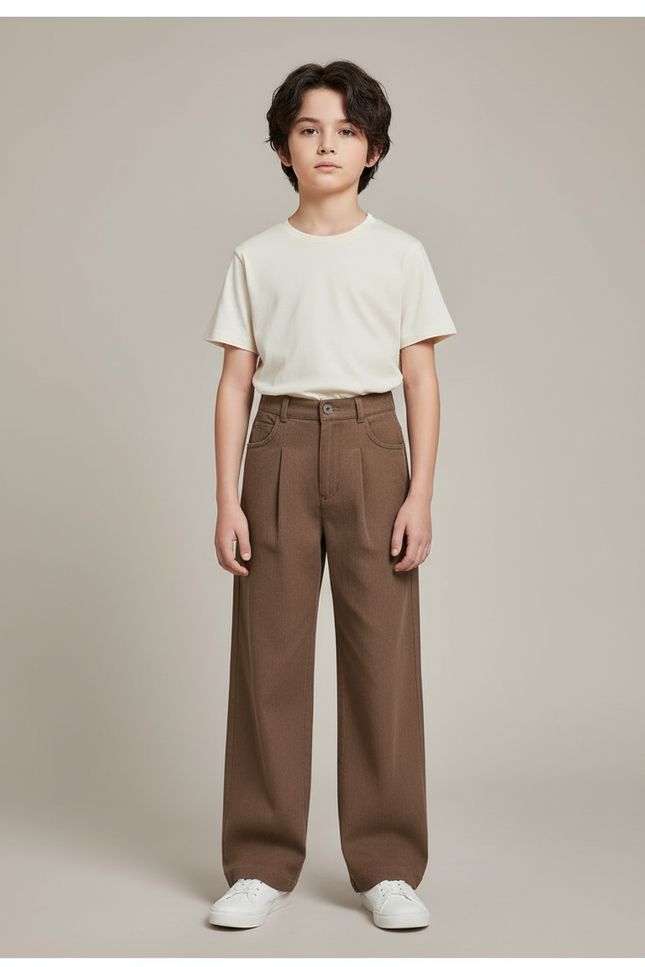 Pantalon Chino Marron Ample Plissé Enfant - Gabardine