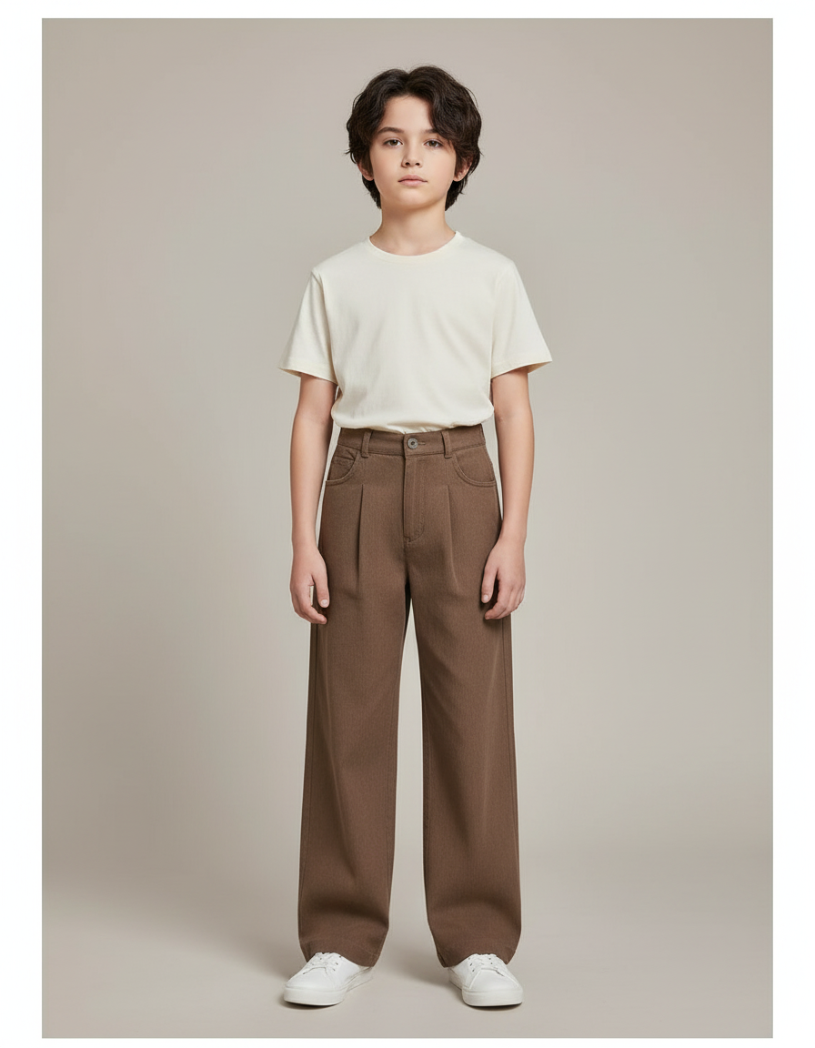 Pantalon Chino Marron Ample Plissé Enfant - Gabardine