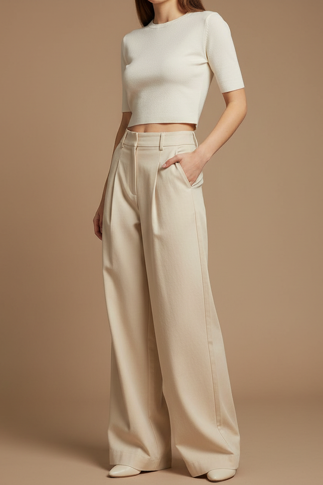 Pantalon Chino Beige Plissé Large Femme Élégant - Gabardine